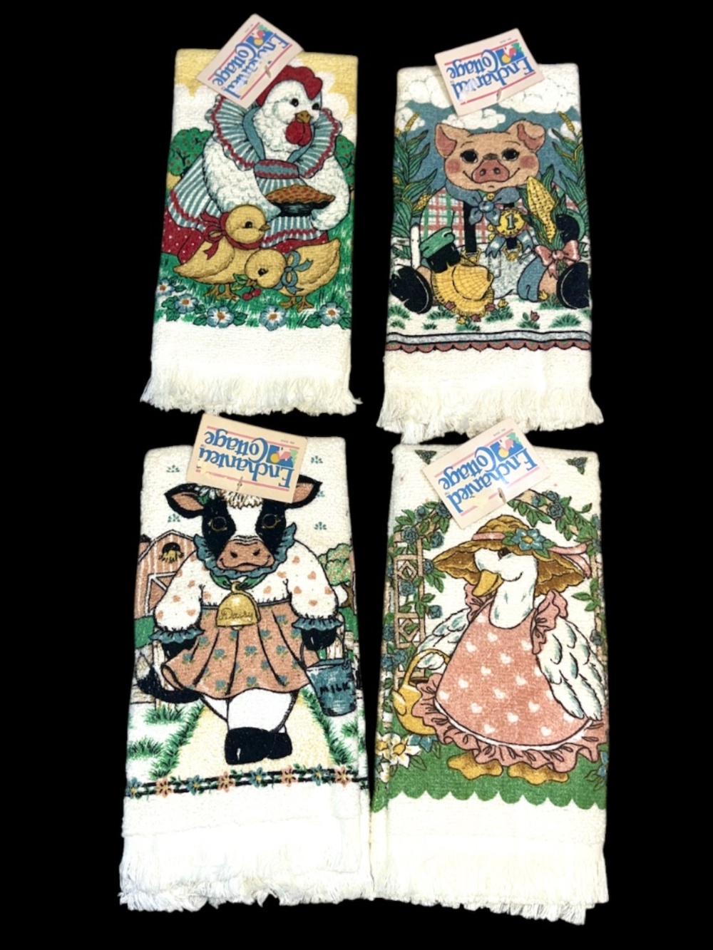Vintage Enchanted Cottage Goose Chicken Cow Pig Kitchen Hand Towel Lot of 4 New